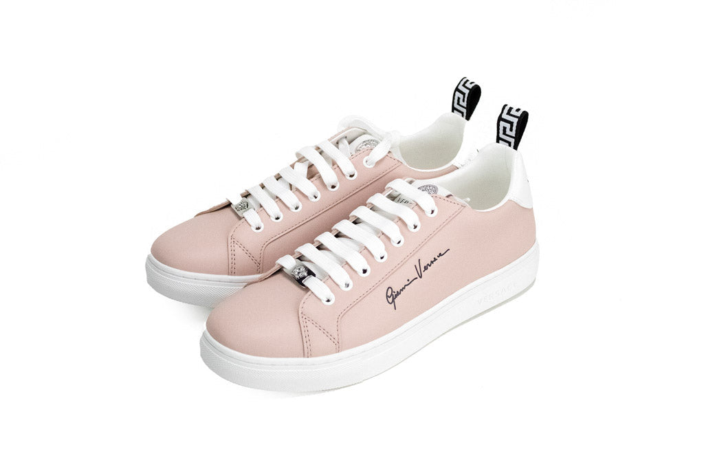 Versace Powder Blush Vitello Leather Signature Lace Sneakers
