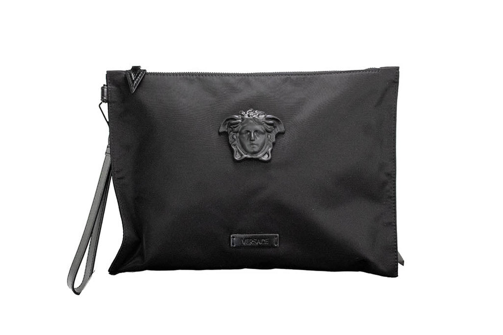 Versace Large Black Nylon Medusa Convertible Pouch Clutch