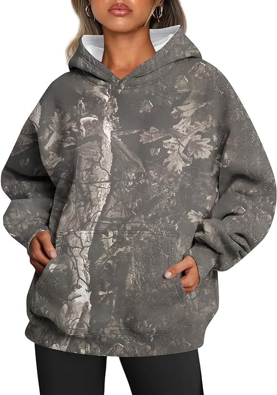 Oversized Women's Camouflage Hoodie with Maple Leaf Print