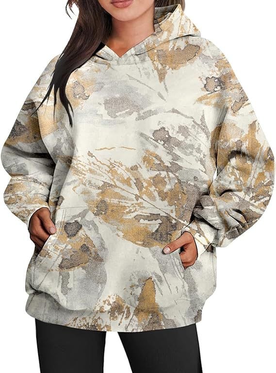 Oversized Women's Camouflage Hoodie with Maple Leaf Print