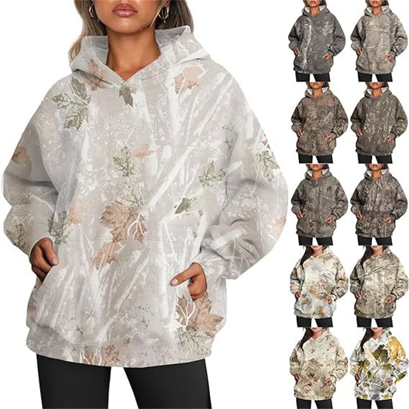 Oversized Women's Camouflage Hoodie with Maple Leaf Print