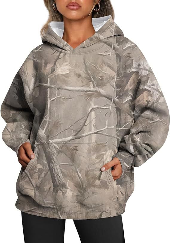 Oversized Women's Camouflage Hoodie with Maple Leaf Print