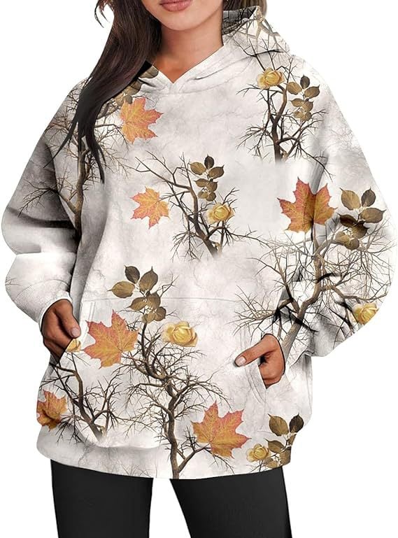 Oversized Women's Camouflage Hoodie with Maple Leaf Print