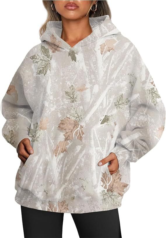 Oversized Women's Camouflage Hoodie with Maple Leaf Print